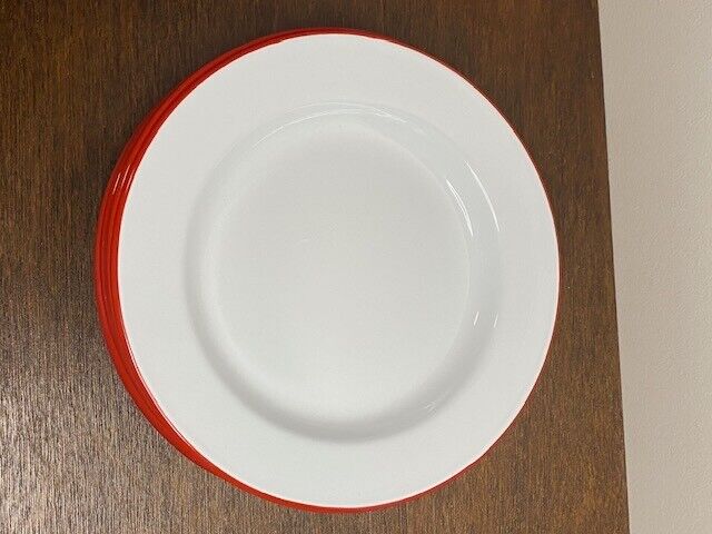 Crow Canyon Enamelware, Vintage 10.5" Coupe Dinner Plate, White/Red Rim-Set 4