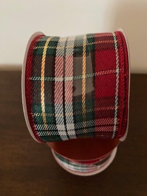 Place and Time Holiday Ribbon-Red, Green, White & Gold Plaid 2 1/2" x 8.3 yards