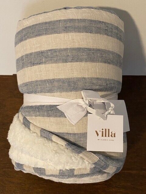 Villa Home Cyprus Throw, Ivory & Blue Linen Front with Sherpa Back, 50 x 70in