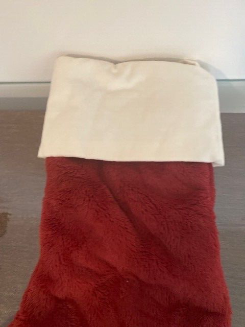 Pottery Barn Plush Faux Fur Stocking, 17 x 12 in, Red with Ivory Velvet Cuff