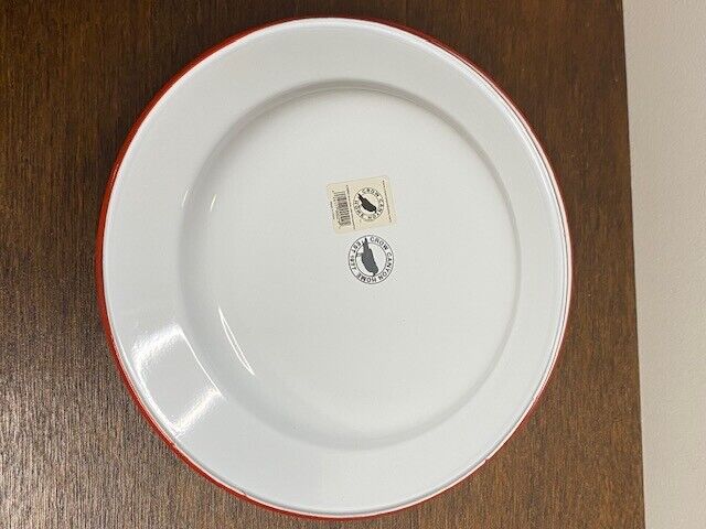 Crow Canyon Enamelware, Vintage 10.5" Coupe Dinner Plate, White/Red Rim-Set 4
