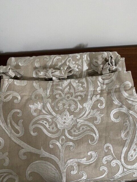 Custom made Linen Blend Embroidered Curtain Panel, Tie top -30 x 98 in
