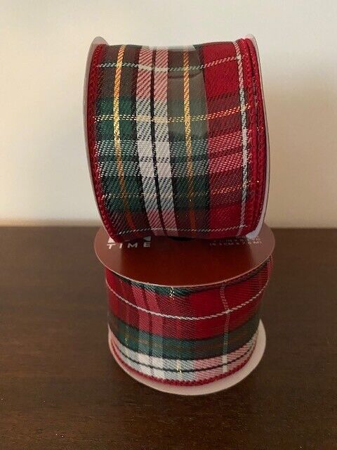 Place and Time Holiday Ribbon-Red, Green, White & Gold Plaid 2 1/2" x 8.3 yards