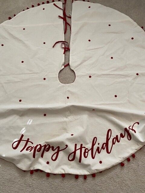 Southern Living Embroidered Pom Pom Tree Skirt, Red & Ivory
