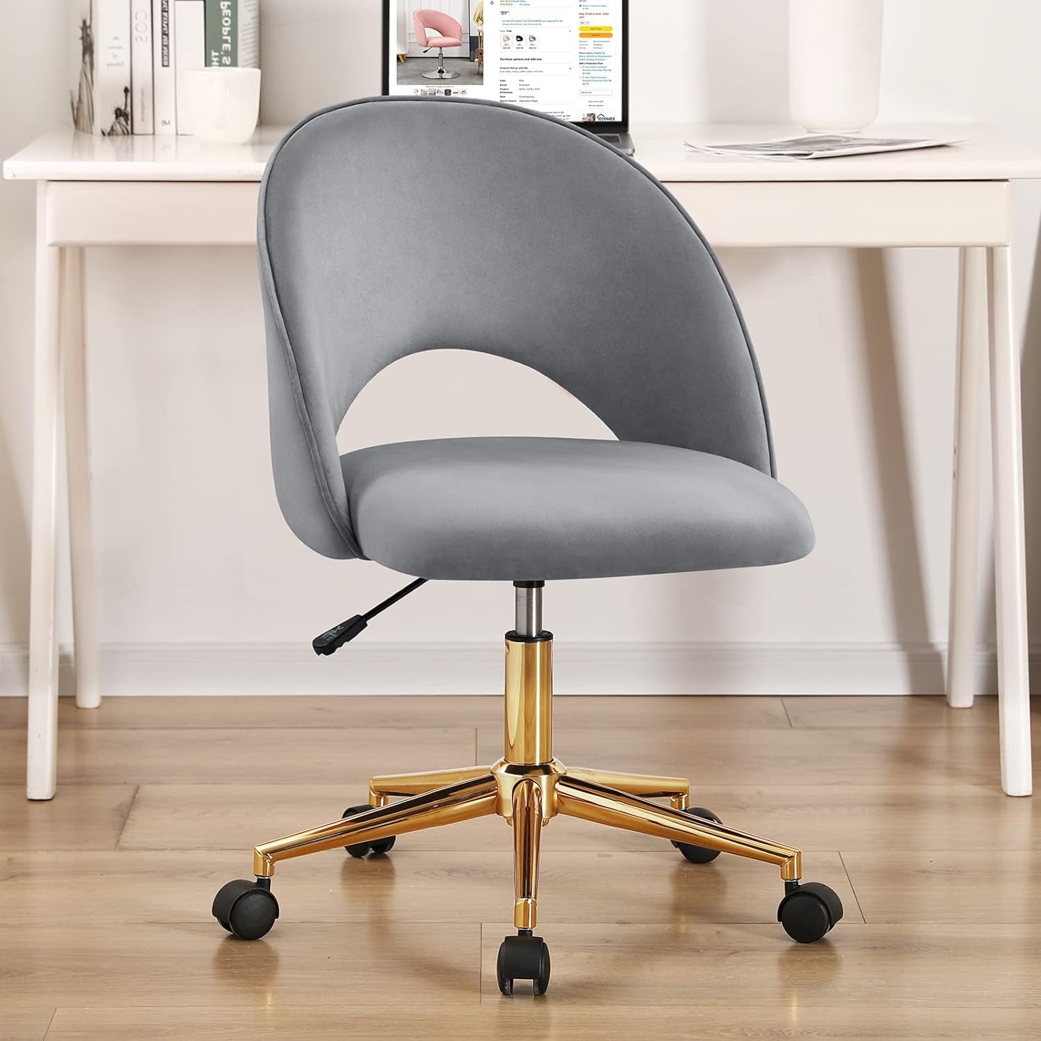 Home Office Chair Modern Swivel Vanity Chair with Gold Base Armless Cute Task Chair Mid-Back Desk Chair with Wheels for Dorm Living Room Bedroom Studying Room Vanity Room(Light Grey)