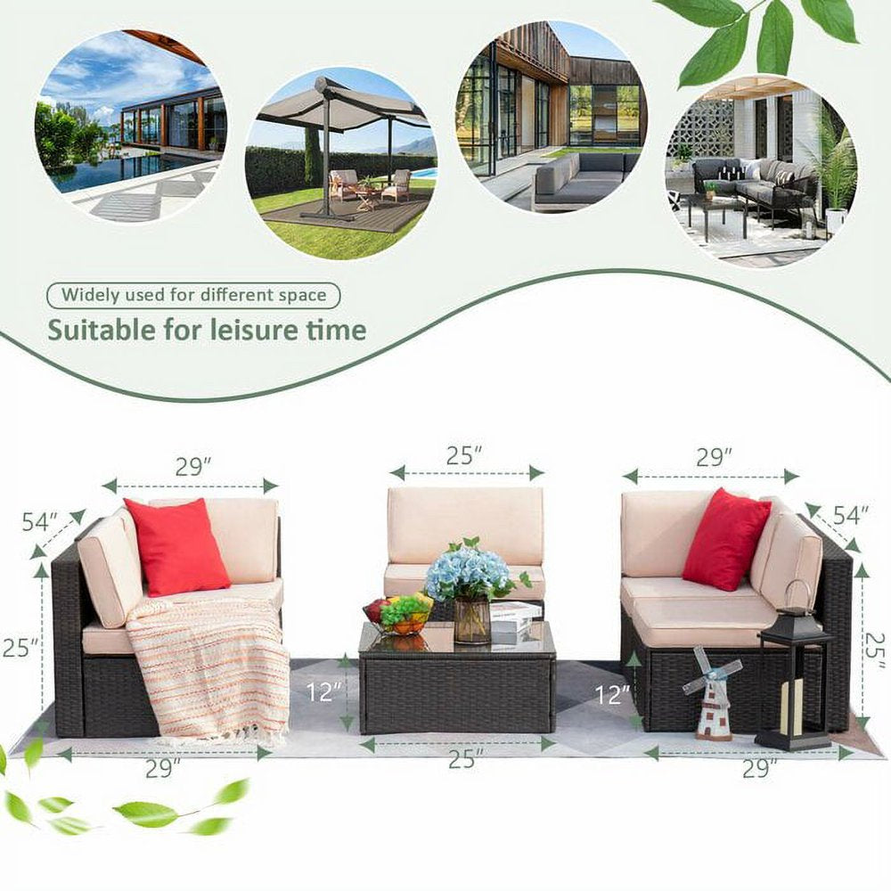 6 Pieces Outdoor Sectional Sofa Set PE Wicker Rattan Sectional Seating Group with Cushions and Table, Beige, Sectional Sets
