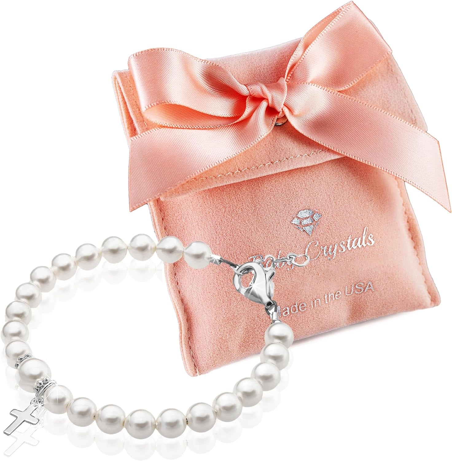 Baptism Pearl Bracelet for Girls, Sterling Silver Cross Charm Baptism Gifts for Girl with White European Simulated Pearls, Elegant Girls Jewelry