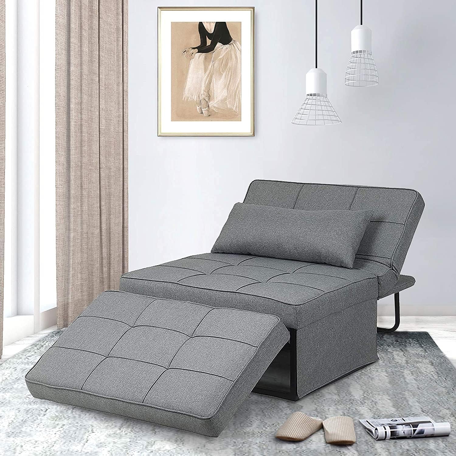 Sofa Bed, 4 in 1 Multi Function Folding Ottoman Sleeper Bed, Modern Convertible Chair Adjustable Backrest Sleeper Couch Bed for Living Room/Small Apartment, Light Gray