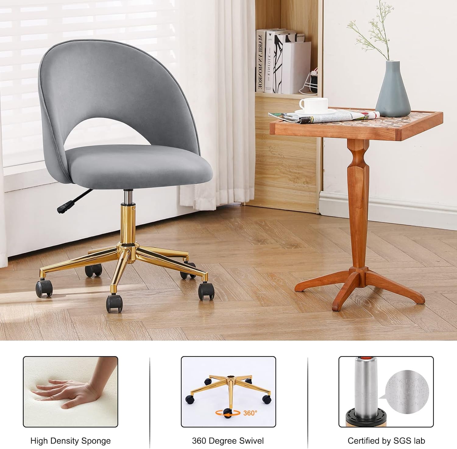 Home Office Chair Modern Swivel Vanity Chair with Gold Base Armless Cute Task Chair Mid-Back Desk Chair with Wheels for Dorm Living Room Bedroom Studying Room Vanity Room(Light Grey)