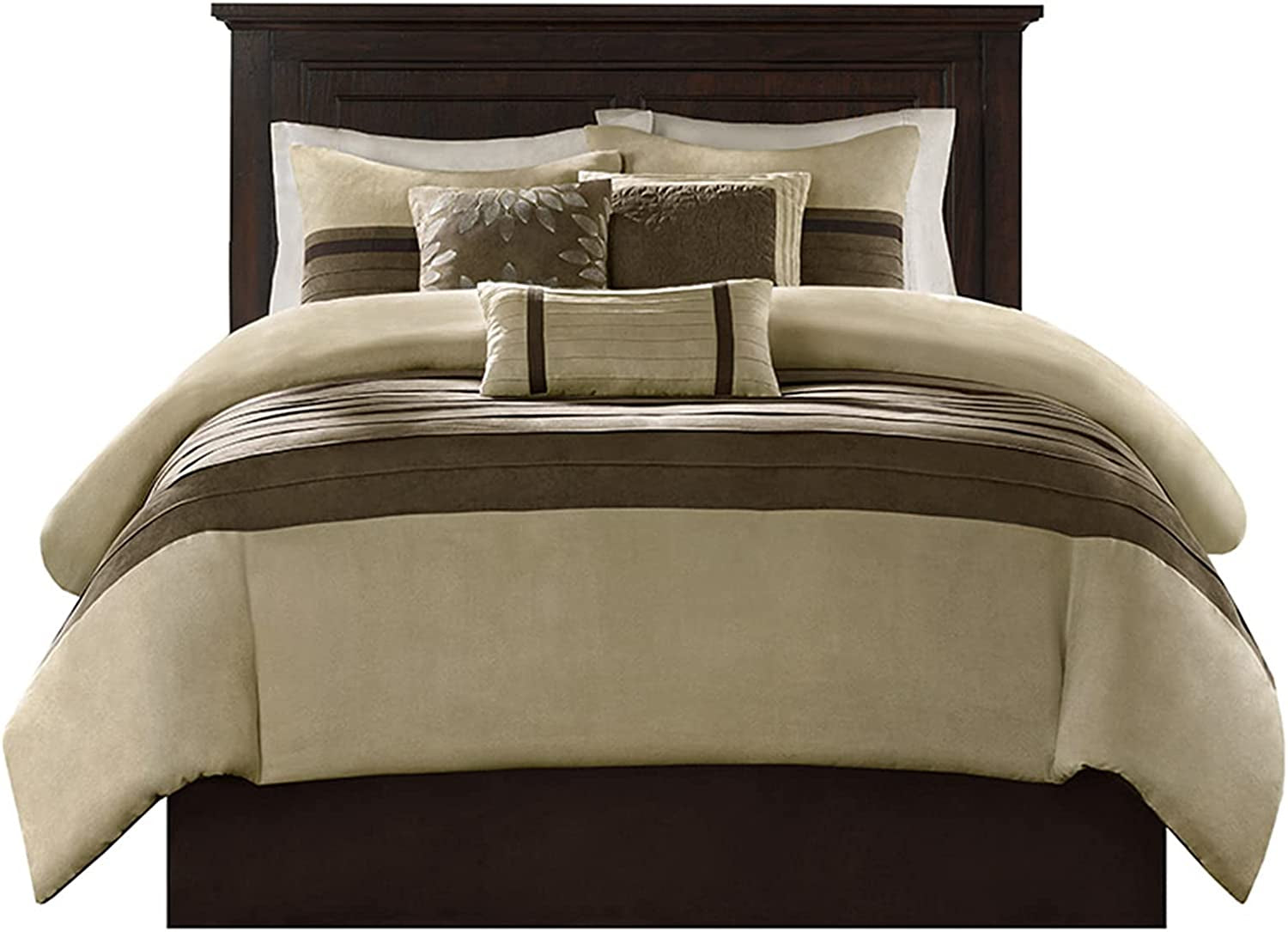 Palmer Comforter Set-Luxury Faux Suede Design, Striped Accent, All Season down Alternative Bedding, Matching Shams, Decorative Pillow, Bed Skirt, Queen (90 in X 90 In), Natural 7 Piece