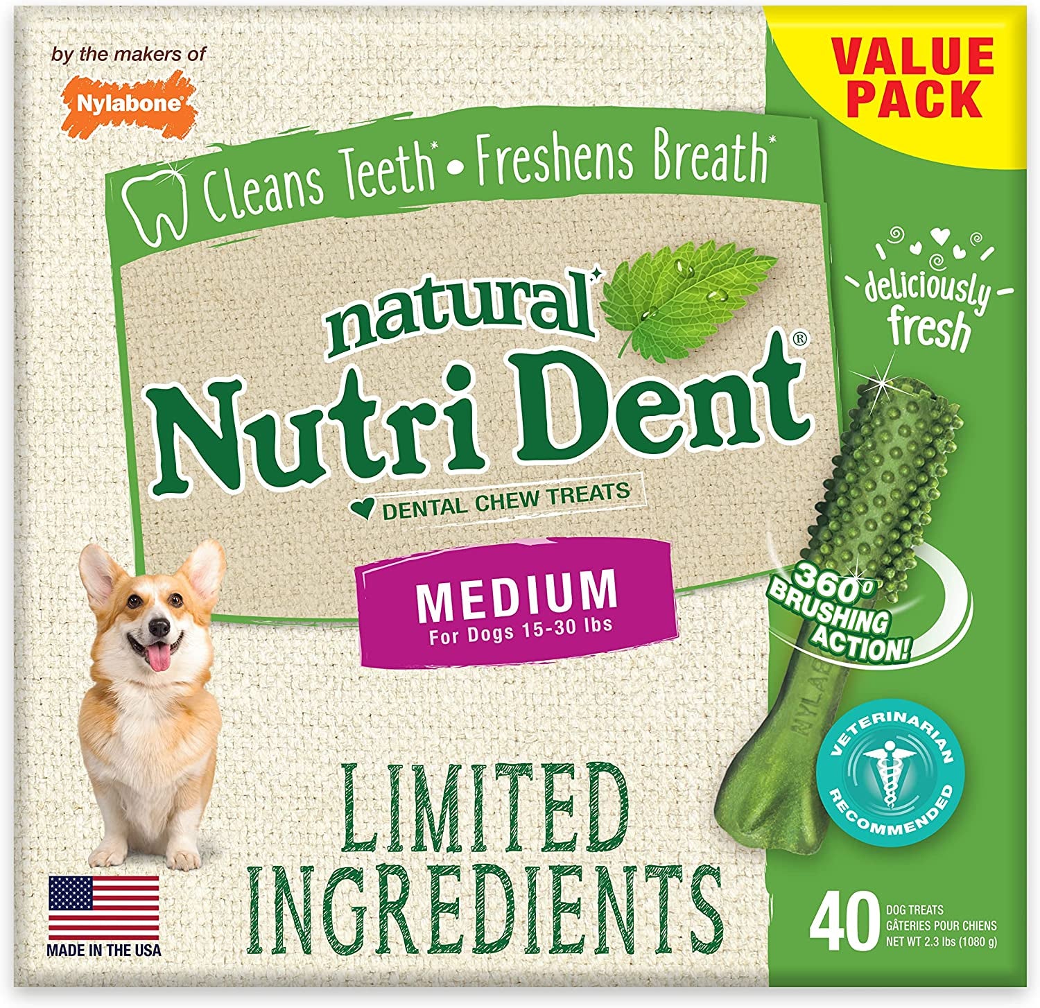 Nutri Dent Dog Dental Treats - Natural Dog Teeth Cleaning & Breath Freshener - Dental Treats for Dogs - Fresh Breath Flavor, Medium (40 Count)