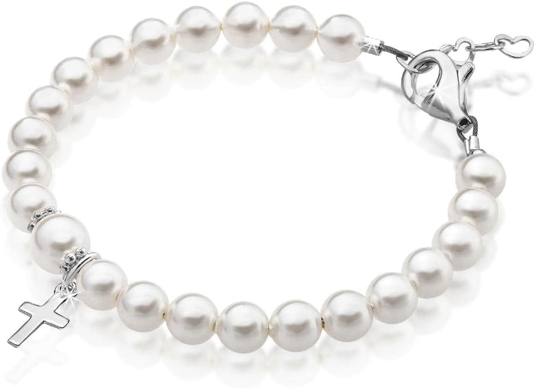 Baptism Pearl Bracelet for Girls, Sterling Silver Cross Charm Baptism Gifts for Girl with White European Simulated Pearls, Elegant Girls Jewelry
