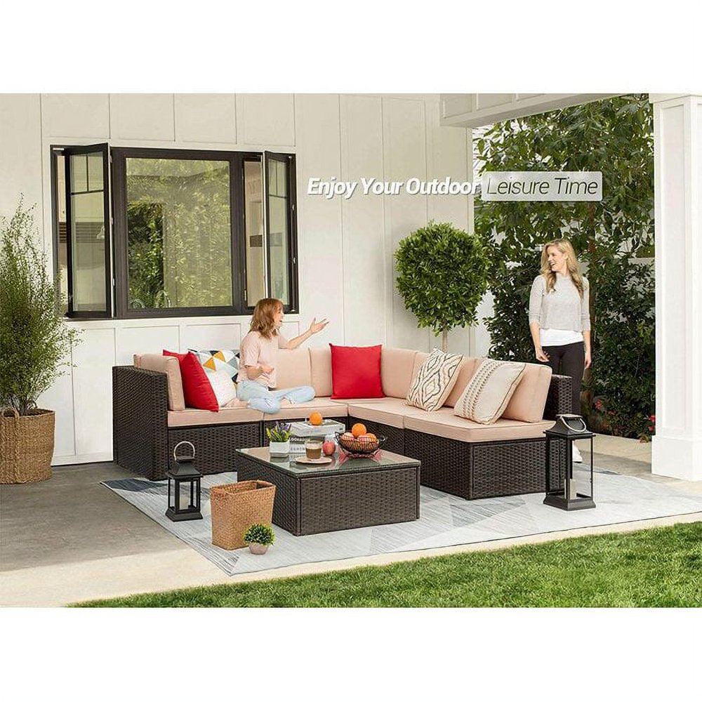 6 Pieces Outdoor Sectional Sofa Set PE Wicker Rattan Sectional Seating Group with Cushions and Table, Beige, Sectional Sets