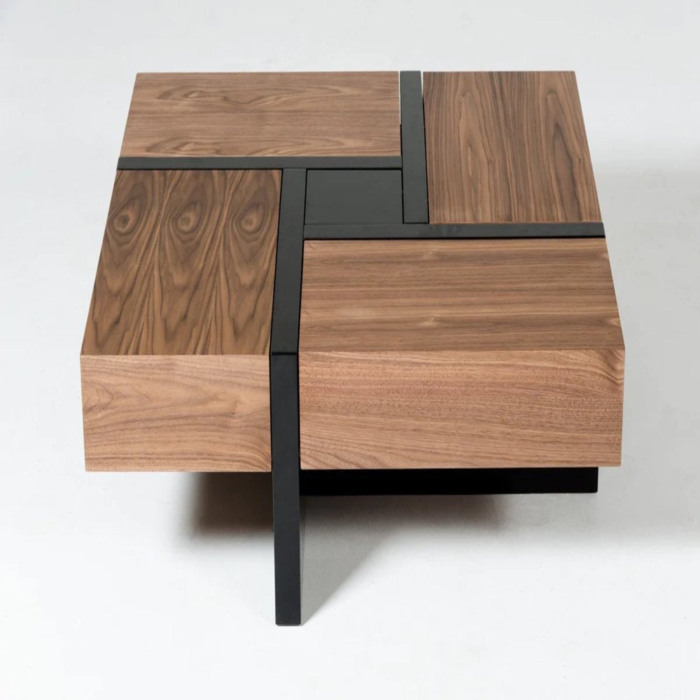 471984 Modern Walnut & Black Square Coffee Table with Storage